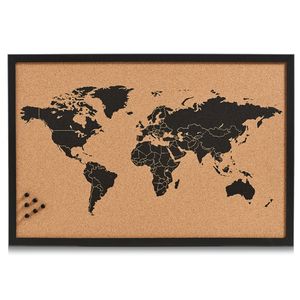 Prikbord wereldkaart - zwart - 60 x 40 cm - kurk/hout - incl. punaises