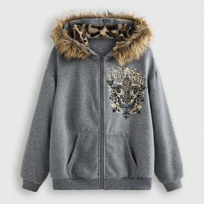 Bon&Bon Fairycore Leopard Print Oversized Zip Up Faux Fur Hoodie Dark Grey / XS