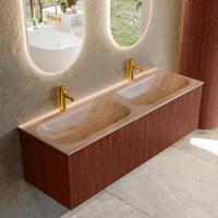 Badmeubel Mondiaz Kurve-Dlux | 140 cm | Meubelkleur Ruby | Wastafelkleur Saba | Solid surface | Wasbak beide zijden spoelbak | 2 kraangaten