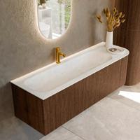 Badmeubel Mondiaz Kurve-Dlux | 145 cm | Meubelkleur Walnut | Wastafelkleur Opalo | Solid surface | Links spoelbak | 1 kraangat