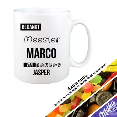 Bedankt Meester mok met naam (wit)
