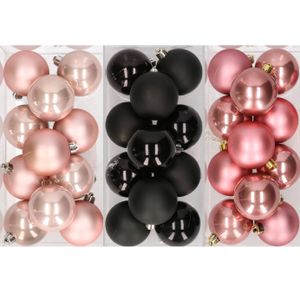 36x stuks kunststof kerstballen mix van lichtroze, zwart en oudroze 6 cm