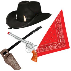 Carnaval verkleeds set cowboyhoed Nevada - zwart - rode hals zakdoek - holster met revolver