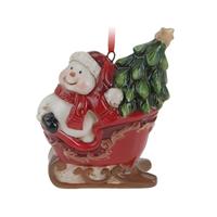 Kersthanger sneeuwpop in slee - rood - 8 cm - keramiek - kerstornament - kerstboomversiering