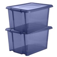 2x stuks kunststof opbergboxen/opbergdozen donkerblauw transparant L65 x B50 x H36 cm stapelbaar