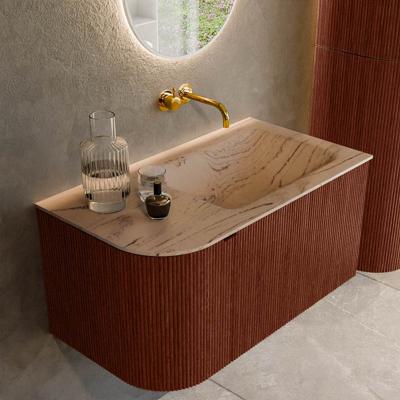 Badmeubel Mondiaz Kurve-Dlux | 85 cm | Meubelkleur Ruby | Wastafelkleur Arena | Solid surface | Wasbak rechter zijde spoelbak | Zonder kraangat(en)
