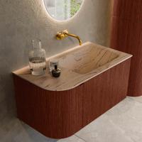 Badmeubel Mondiaz Kurve-Dlux | 85 cm | Meubelkleur Ruby | Wastafelkleur Arena | Solid surface | Wasbak rechter zijde spoelbak | Zonder kraangat(en) Badmeubel Mondiaz Kurve-Dlux | 85 cm | Meubelkleur Ruby | Wastafelkleur Arena | Solid surface | Wasbak rechter zijde spoelbak | Zonder kraangat(en)