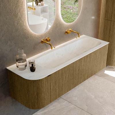 Badmeubel Mondiaz Kurve-Dlux | 145 cm cm | Meubelkleur Dusk | Wastafelkleur Opalo | Solid surface | Wasbak rechter zijde spoelbak | Zonder kraangat(en)