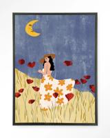 Urban Cotton Wandkleed 'Girl In A Poppyfield' 80 x 110cm in Floating Frame - black