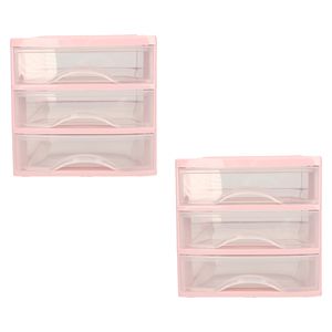 Ladeblokje/bureau organizer - 2x stuks - 3 lades - roze/transparant - L18 x B21 x H17 cm - plastic