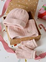 Kerstcadeauset voor meisjes muts + snood + wanten/handschoenen roze (poederkleur)
