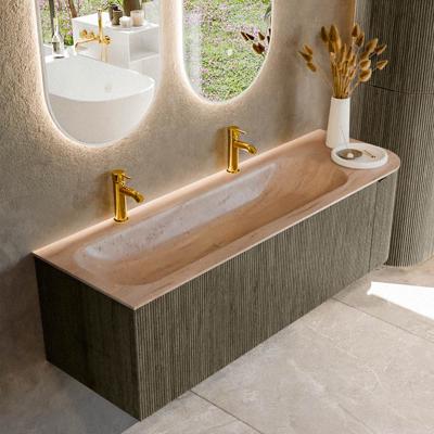 Badmeubel Mondiaz Kurve-Dlux | 145 cm | Meubelkleur Shadow | Wastafelkleur Saba | Solid surface | Wasbak linker zijde spoelbak | 2 kraangaten