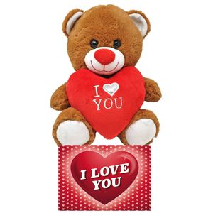 Donker bruine pluche knuffelbeer 20 cm incl. Valentijnskaart I Love You