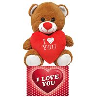 Donker bruine pluche knuffelbeer 20 cm incl. Valentijnskaart I Love You - thumbnail