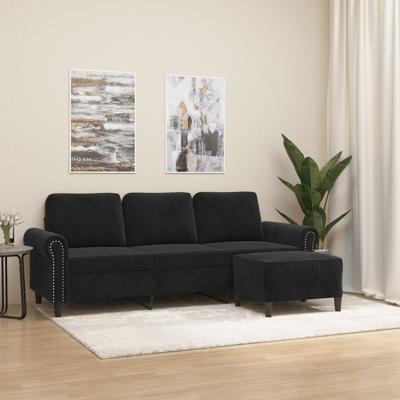 Driezitsbank met voetenbank 180 cm fluweel zwart