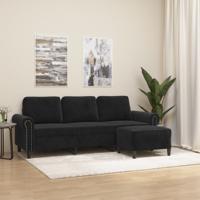 Driezitsbank met voetenbank 180 cm fluweel zwart