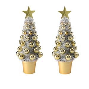 2x stuks complete mini kunst kerstboompje/kunstboompje zilver/goud met kerstballen 30 cm