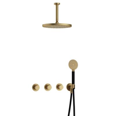 Hotbath Cobber - CB7067 - Inbouw Regendoucheset - Geborsteld Messing - 2 Stopkranen - Thermostatisch - Plafondbuis 15 cm - Hoofddouche 300 mm - Ronde Handdouche 3 Standen - met M106 - Waterbesparend - V01