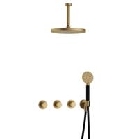 Hotbath Cobber - CB7067 - Inbouw Regendoucheset - Geborsteld Messing - 2 Stopkranen - Thermostatisch - Plafondbuis 15 cm - Hoofddouche 300 mm - Ronde Handdouche 3 Standen - met M106 - Waterbesparend - V01