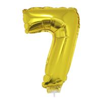 Gouden opblaas cijfer ballon - 7 jaar - op stokje - H41 cm - Leeftijd versiering