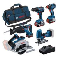 Pakket 5 gereedschappen: GSR 18V-55 + GST 18V-125 S + GKS 18V-57-2 + GSA 18V-28 + GDX 18V-200 + 3 accu's 4.0Ah + GAL 18V-40 + tas L