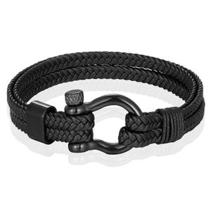 Nautische heren armband Leer Edelstaal Zwart - 21cm