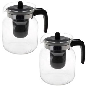 6x stuks glazen transparante theepot 1,5 liter met zwart filter