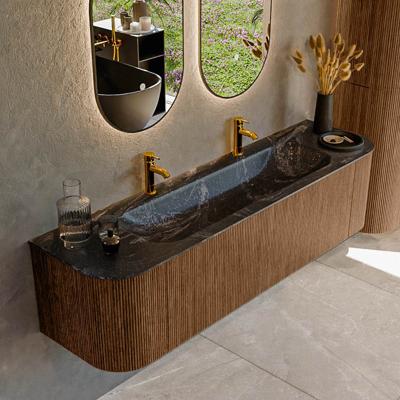 Mondiaz KURVE-DLUX 170 cm Onderkast Greeploos 1 Lade Met Deuren Walnut, Wastafel Solid Surface Midden Lava 2 Kraangaten Zonder Spiegel (KRVBGL170L+R1L2D2KM-Wal/Lav)