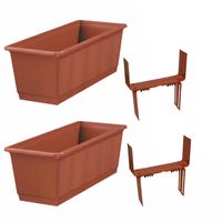 Set van 2 kunststof plantenbakken terracotta rechthoekig 40 cm met 4 verstelbare balkon/muurbeugels - thumbnail