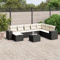9-delige Loungeset met kussens poly rattan zwart