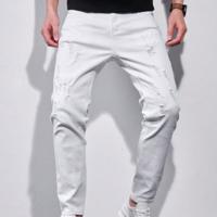 Bon&Bon Men's Ripped Skinny Jeans | Dark Wash Slim Fit Denim White-3 / S