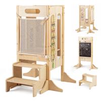 Opvouwbare Leertoren 4-in-1 Houten Opstapje met 2 Treden en Bord