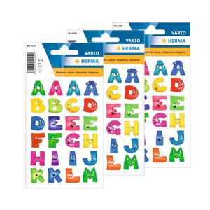 6x Stickervelletjes met 144x stuks plak letters A-Z gekleurde letters met gezichtjes 28 mm