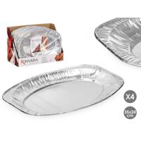 Aluminium BBQ/verjaardag/hapjes serveerschalen - zilver - 4x stuks - 35 x 24 cm - wegwerp