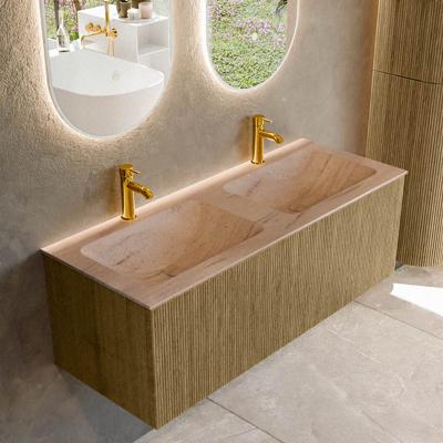 Badmeubel Mondiaz Kurve-Dlux | 120 cm | Meubelkleur Dusk | Wastafelkleur Saba | Solid surface | Wasbak beide zijden spoelbak | 2 kraangaten