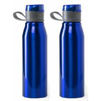 Waterfles / drinkfles / bidon / sportfles - 2x - Aluminium - metallic blauw - schroefdop - 700 ml