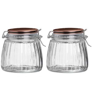 Voorraadpot/bewaarpot - 2x - 1L - glas - met beugelsluiting - koperen deksel