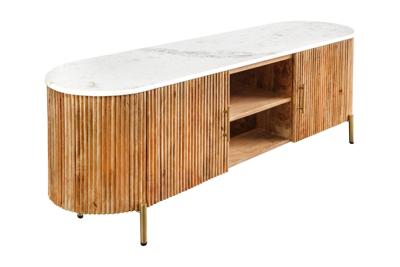 TV-meubel TRES CHIC 140cm mangohout naturel met wit marmeren blad en gouden handgrepen - 45756