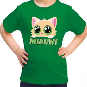 Verkleed T-shirt voor jongens/meisjes - Miauw - groen - carnaval - feestkleding voor kinderen