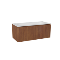 Balmani Sfera zwevend badmeubel 120 x 55 cm amerikaans notenhout met Tablo Arcato enkele wastafel voor 2 kraangaten in solid surface mat wit