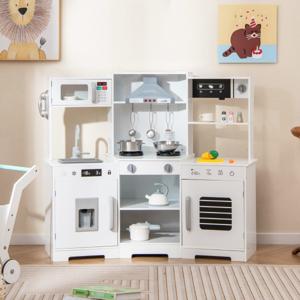 Kinder Speelkeuken met Realistische Geluiden & Lichten Houten Speelgoedset Kookspeelgoed Wit