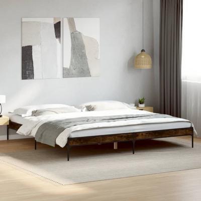 Bedframe bewerkt hout metaal gerookt eikenkleurig 200x200 cm