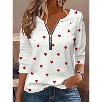 Dames T-shirt Katoenmix Hart Afdrukken Kwart ritssluiting Valentijnsdag Weekend Modieus Lange mouw V-hals Zwart Lente Herfst Lightinthebox