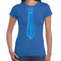 Verkleed t-shirt voor dames - stropdas glitter blauw - blauw - carnaval - foute party