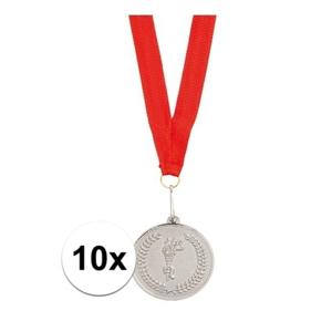 Medailles of sportprijs - 10x - eerste prijs - zilver - aan rood lint - sportdag