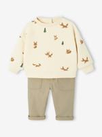 Babyset sweater met print + broek van keperstof kaki