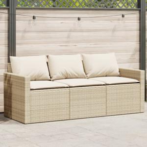 Tuinbank 3-zits met kussens poly rattan beige