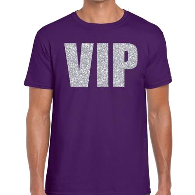 Feestkleding verkleed t-shirt - VIP tekst - zilver glitter print - paars - voor heren