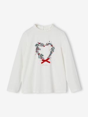 Kerstshirt met kroon en hartje met glitterdetails voor meisjes ecru