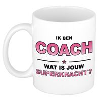 Ik ben coach wat is jouw superkracht cadeau mok / beker wit en roze - cadeau / verjaardag   -